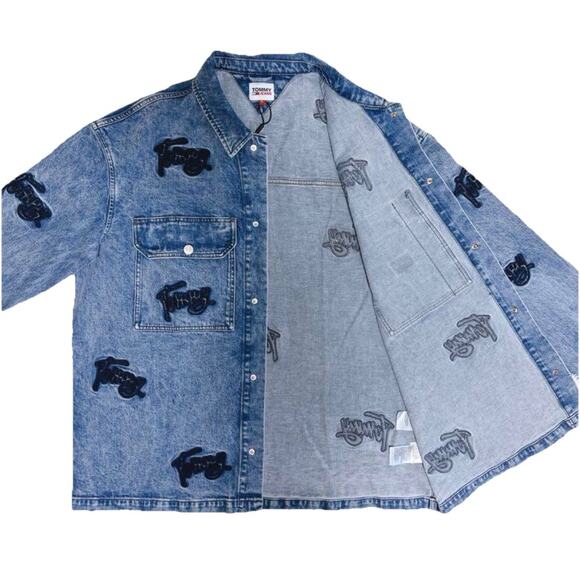 Tommy Hilfiger‎ Jeans Worker Denim Men's Flag Jacket Size Large Embroidered NWT - Picture 1 of 9
